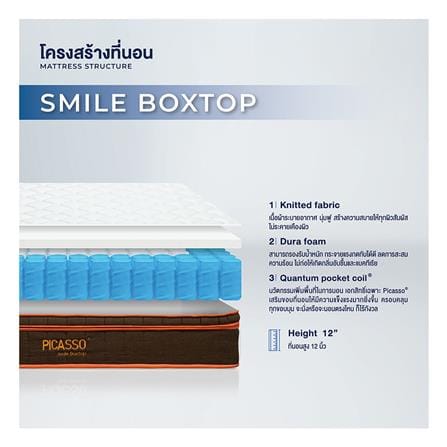 ที่นอนพ็อกเก็ตสปริง 6 ฟุต สุญญากาศ PICASSO COMFORT รุ่น SMILE BOXTOP พร้อมชุดเครื่องนอน 11 ชิ้น_4