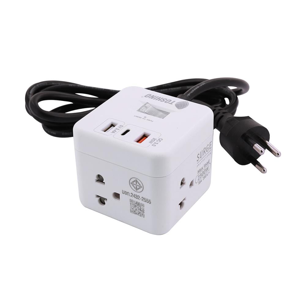 รางปลั๊กไฟ 4 ช่อง 1 สวิตซ์ 2 USB 3.4A 1 TYPE C TOSHINO 1PD20W 10 แอมป์ 2300 วัตต์ 2 เมตร สีขาว