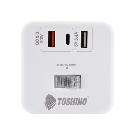รางปลั๊กไฟ 4 ช่อง 1 สวิตซ์ 2 USB 3.4A 1 TYPE C TOSHINO 1PD20W 10 แอมป์ 2300 วัตต์ 2 เมตร สีขาว_1