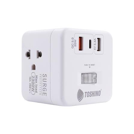 รางปลั๊กไฟ 4 ช่อง 1 สวิตซ์ 2 USB 3.4A 1 TYPE C TOSHINO 1PD20W 10 แอมป์ 2300 วัตต์ 2 เมตร สีขาว_2