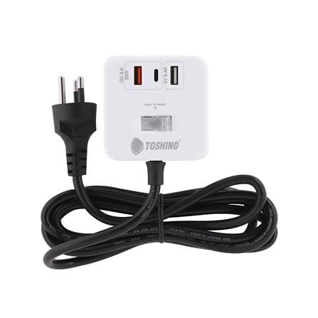 รางปลั๊กไฟ 4 ช่อง 1 สวิตซ์ 2 USB 3.4A 1 TYPE C TOSHINO 1PD20W 10 แอมป์ 2300 วัตต์ 2 เมตร สีขาว_4