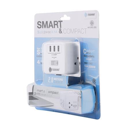 รางปลั๊กไฟ 4 ช่อง 1 สวิตซ์ 3 USB 3.1A TOSHINO 10 แอมป์ 2300 วัตต์ 2 เมตร สีขาว_3
