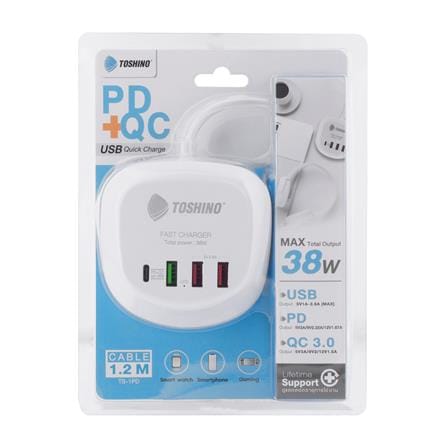 ช่องจ่ายไฟ 3 USB 1 TYPE-C TOSHINO 1.2 เมตร สีขาว_4