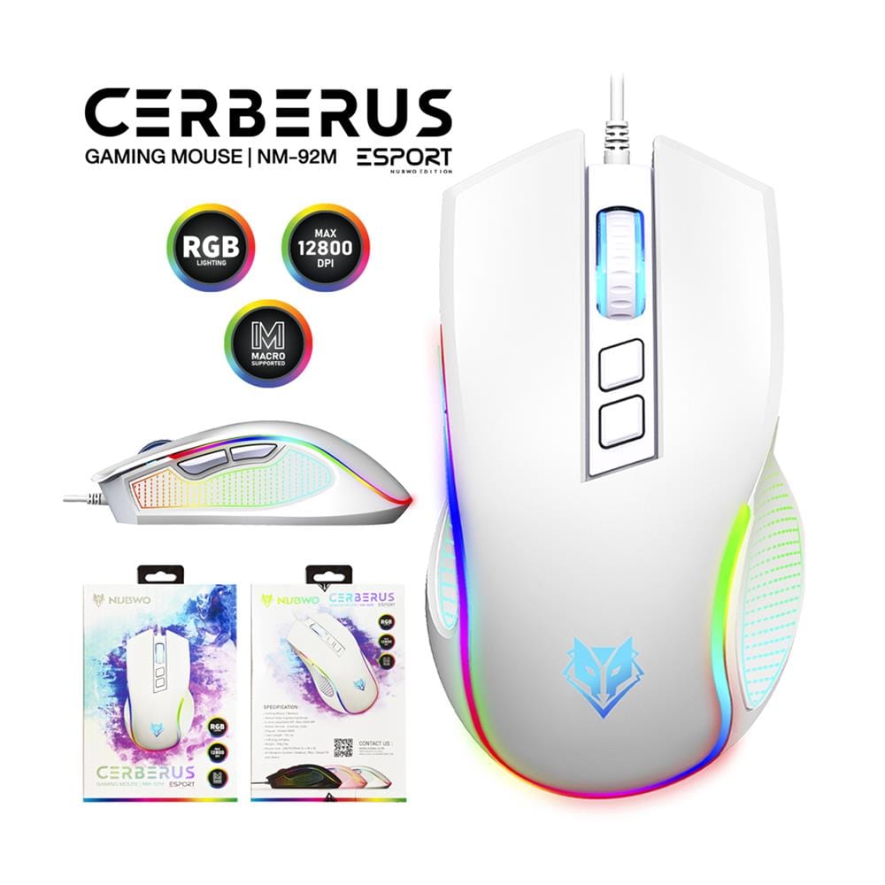 เมาส์เกมมิ่ง NUBWO CERBERUS NM92M สีขาว