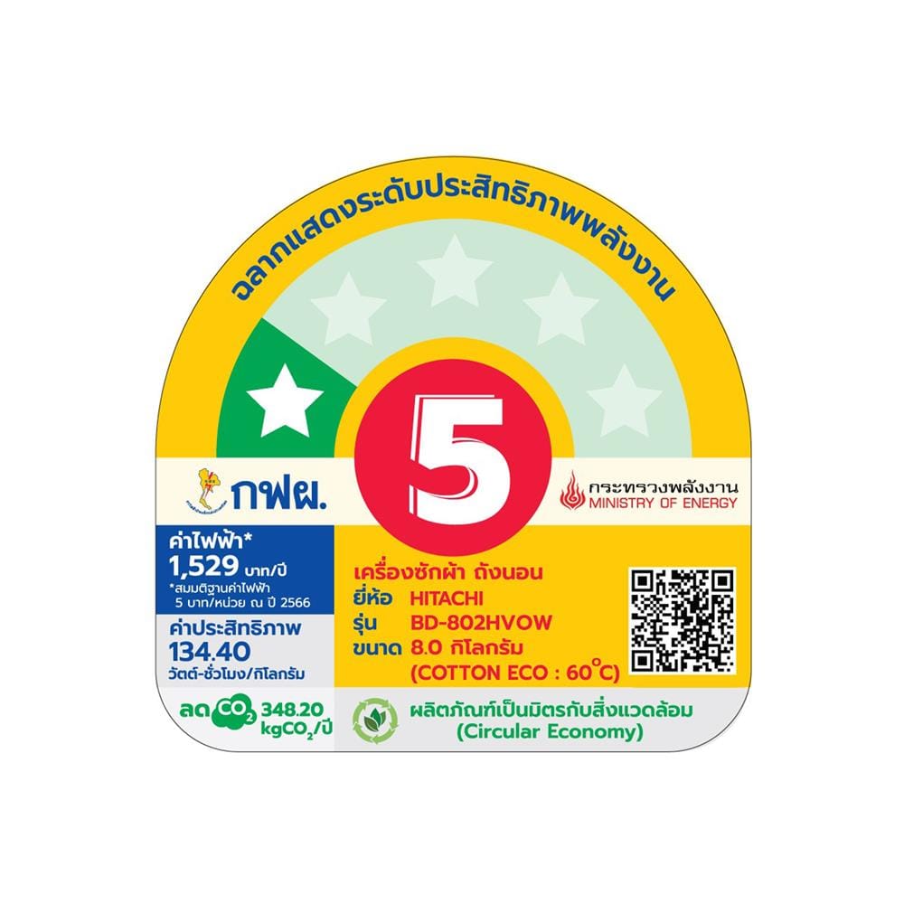 เครื่องซักผ้าฝาหน้า HITACHI BD802HVOW 8 กก. 1200RPM อินเวอร์เตอร์