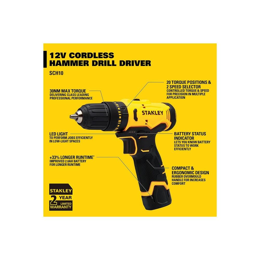 สว่านกระแทกไร้สาย (พร้อมแบตเตอรี่) STANLEY SCH10D2K-B1 12 โวลต์