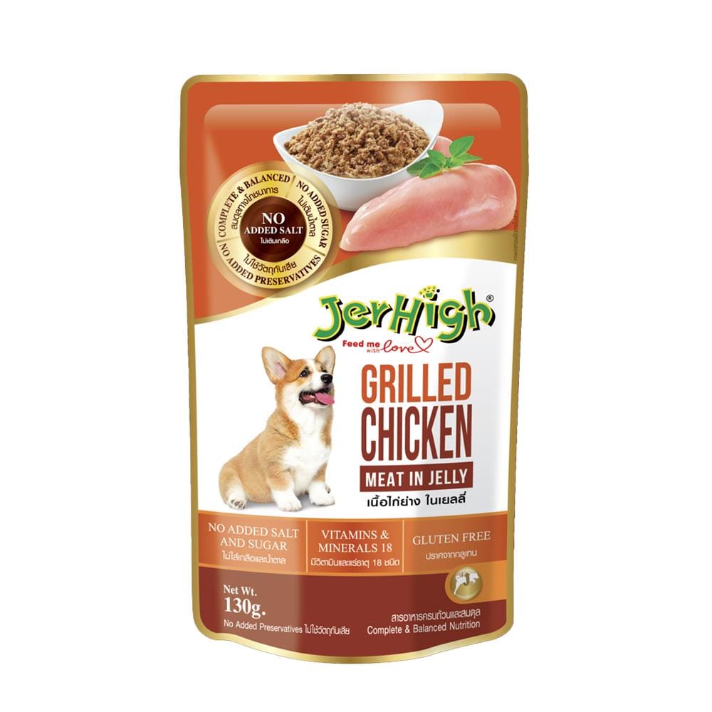 อาหารเปียกสุนัข JERHIGH GRILL CHICKEN MEAT IN JELLY 130 ก.