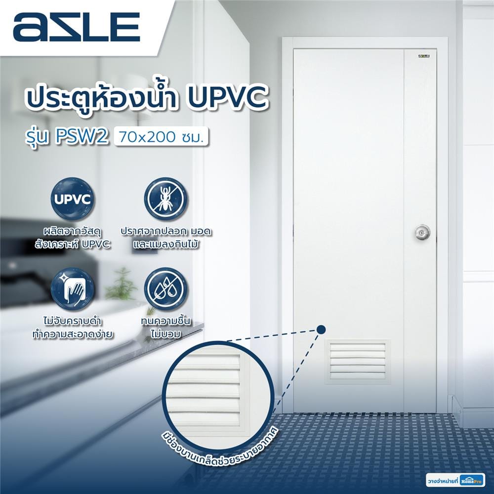 ประตูห้องน้ำ UPVC AZLE PSW2 เกล็ดล่าง 70X200 ซม. สีขาว เจาะลูกบิด