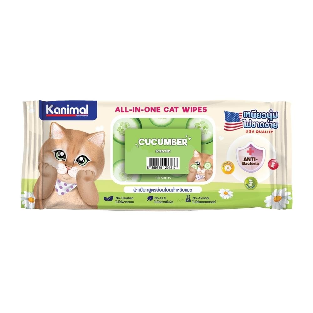 ผ้าเช็ดทำความสะอาดสำหรับแมว KANIMAL กลิ่น CUCUMBER 100 แผ่น