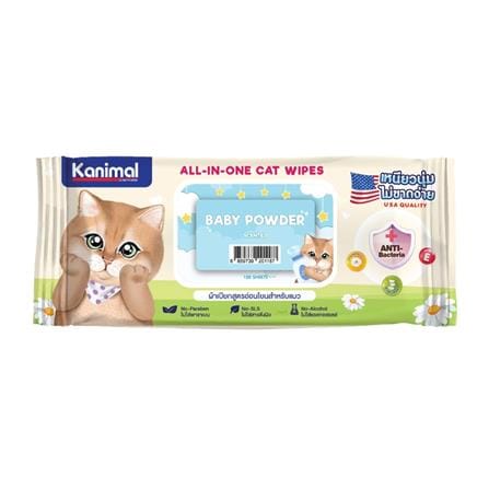 ผ้าเช็ดทำความสะอาดสำหรับแมว KANIMAL กลิ่น BABY POWDER 100 แผ่น_0