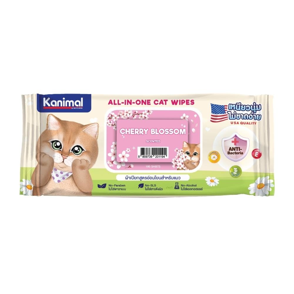ผ้าเช็ดทำความสะอาดสำหรับแมว KANIMAL กลิ่น CHERRY BLOSSOM 100 แผ่น