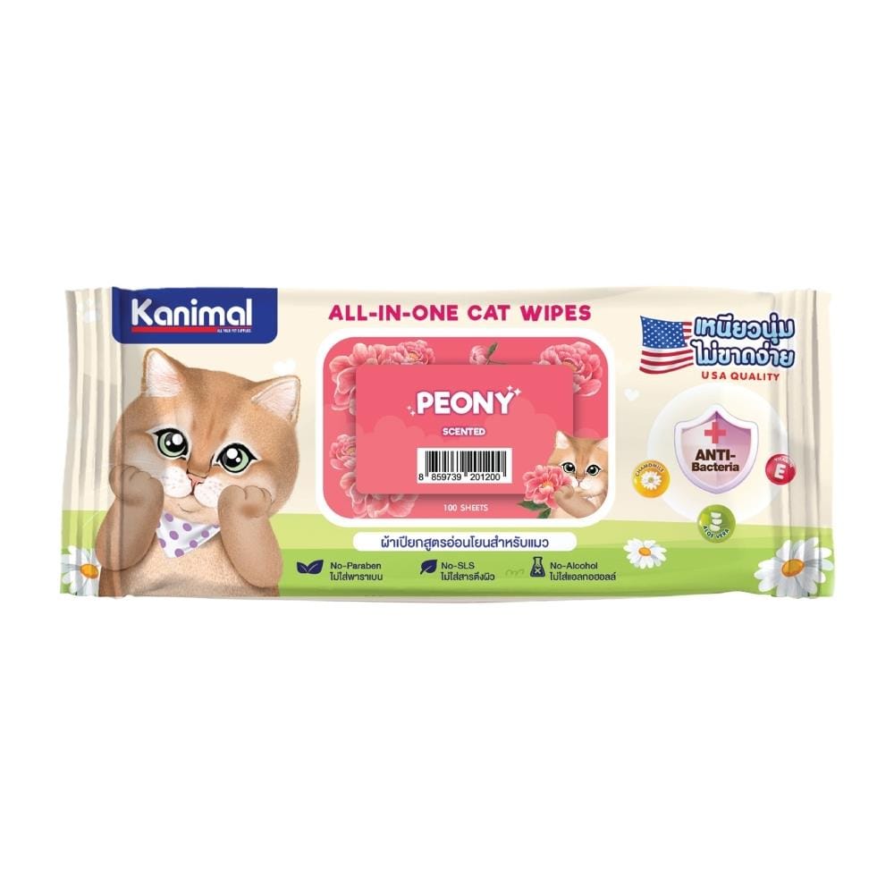 ผ้าเช็ดทำความสะอาดสำหรับแมว KANIMAL กลิ่น PEONY 100 แผ่น