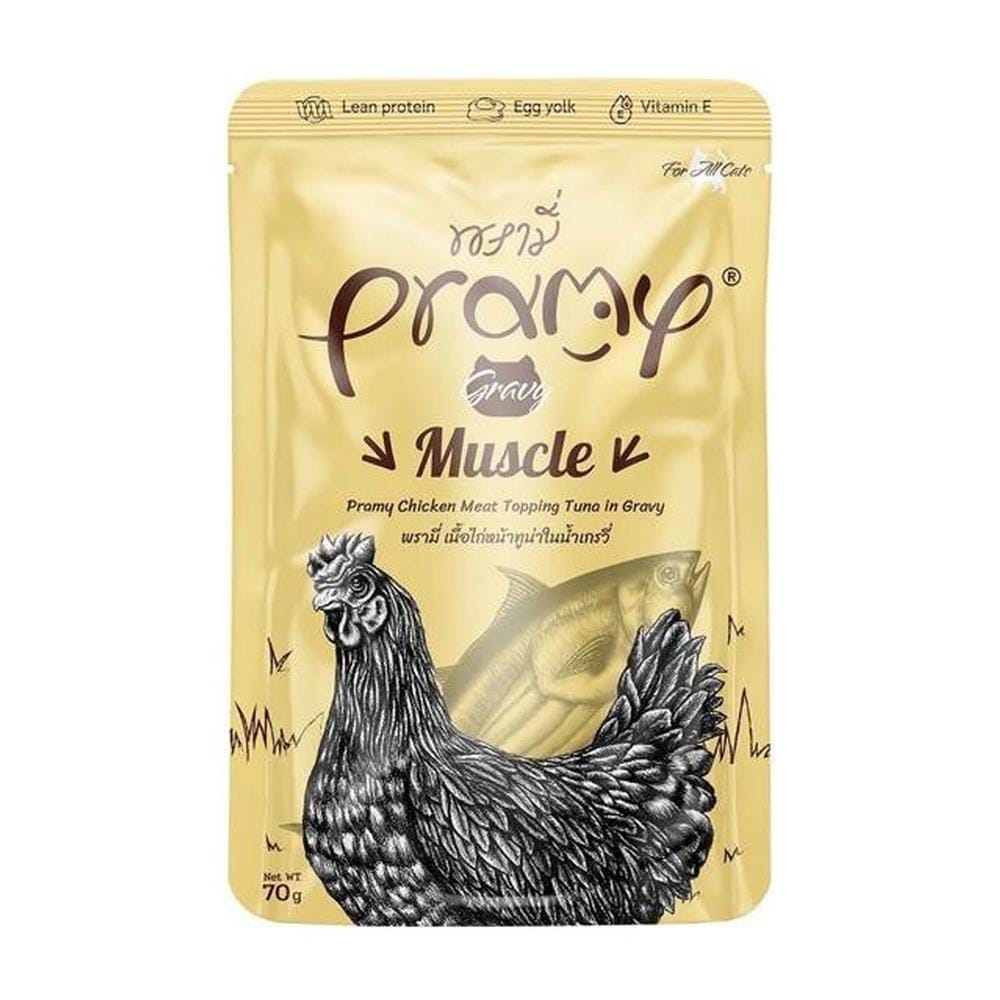 อาหารเปียกแมว PRAMY MUSCLE เนื้อไก่หน้าทูน่าในน้ำเกรวี่ 70 ก.