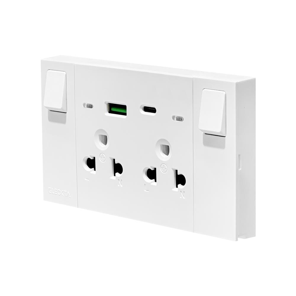 ชุดเต้ารับคู่ 3 ขา มีสวิตช์คุม พร้อมช่อง USB AC ELECKTA VERVE สีขาว