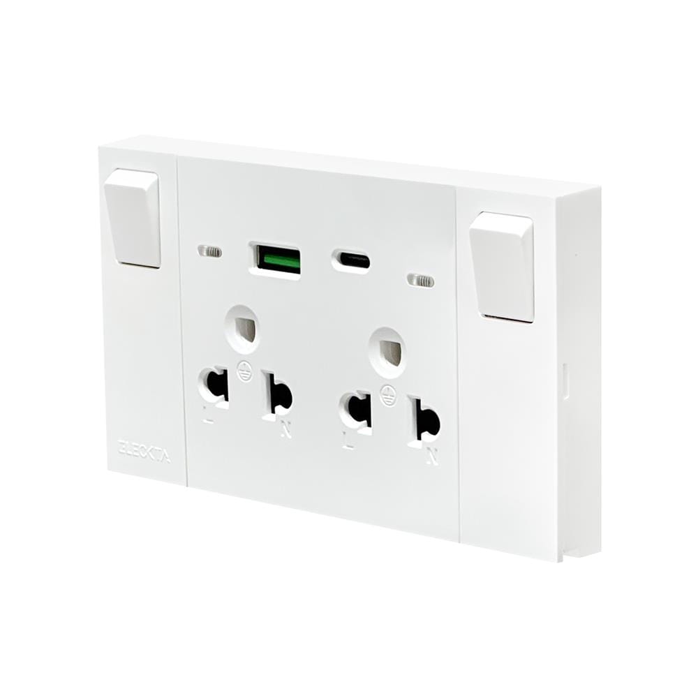 ชุดเต้ารับคู่ 3 ขา มีสวิตช์คุม พร้อมช่อง USB AC ELECKTA VERVE สีขาว