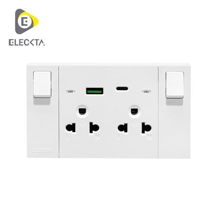 ชุดเต้ารับคู่ 3 ขา มีสวิตช์คุม พร้อมช่อง USB AC ELECKTA VERVE สีขาว_1