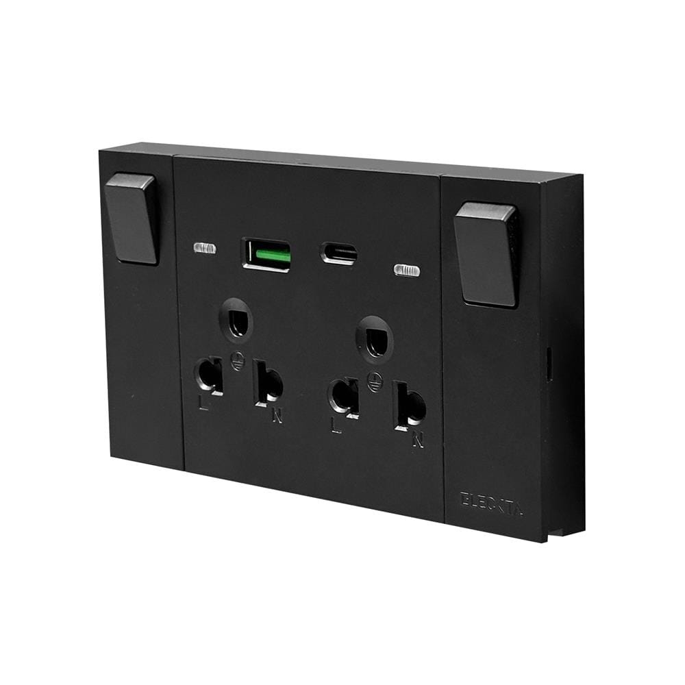 ชุดเต้ารับคู่ 3 ขา มีสวิตช์คุม พร้อมช่อง USB AC ELECKTA VERVE สีดำ