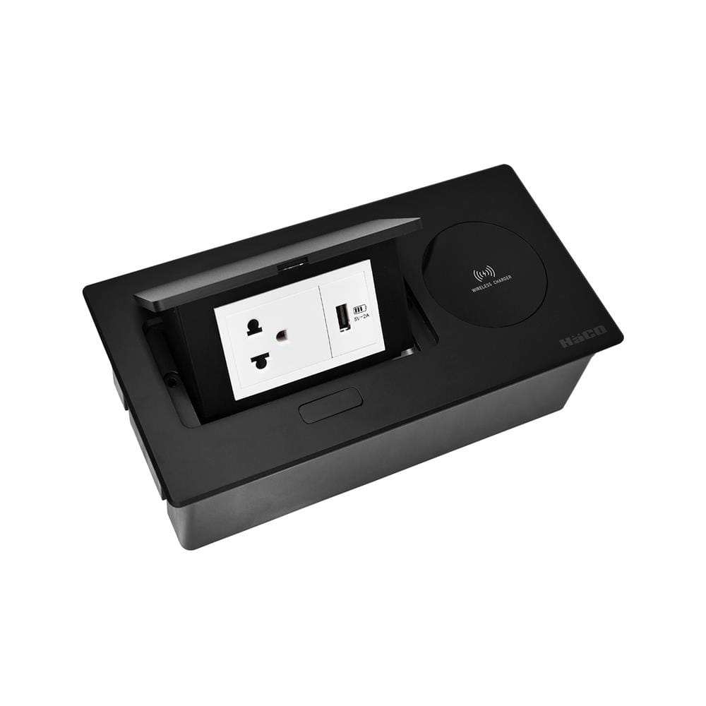 ชุดเต้ารับ 3 ขาฝังโต๊ะพร้อมแท่นชาร์จไร้สาย 10 วัตต์ HACO HTT-207W/T-E1USB สีดำ