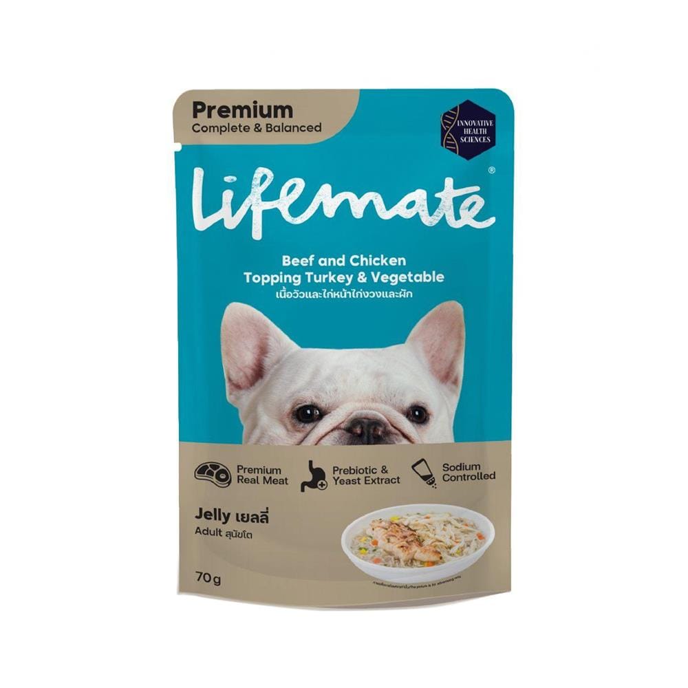 อาหารเปียกสุนัข LIFEMATE BEEF AND CHICKEN TOP TURKEY VEGETABLE IN JELLY 70 ก.
