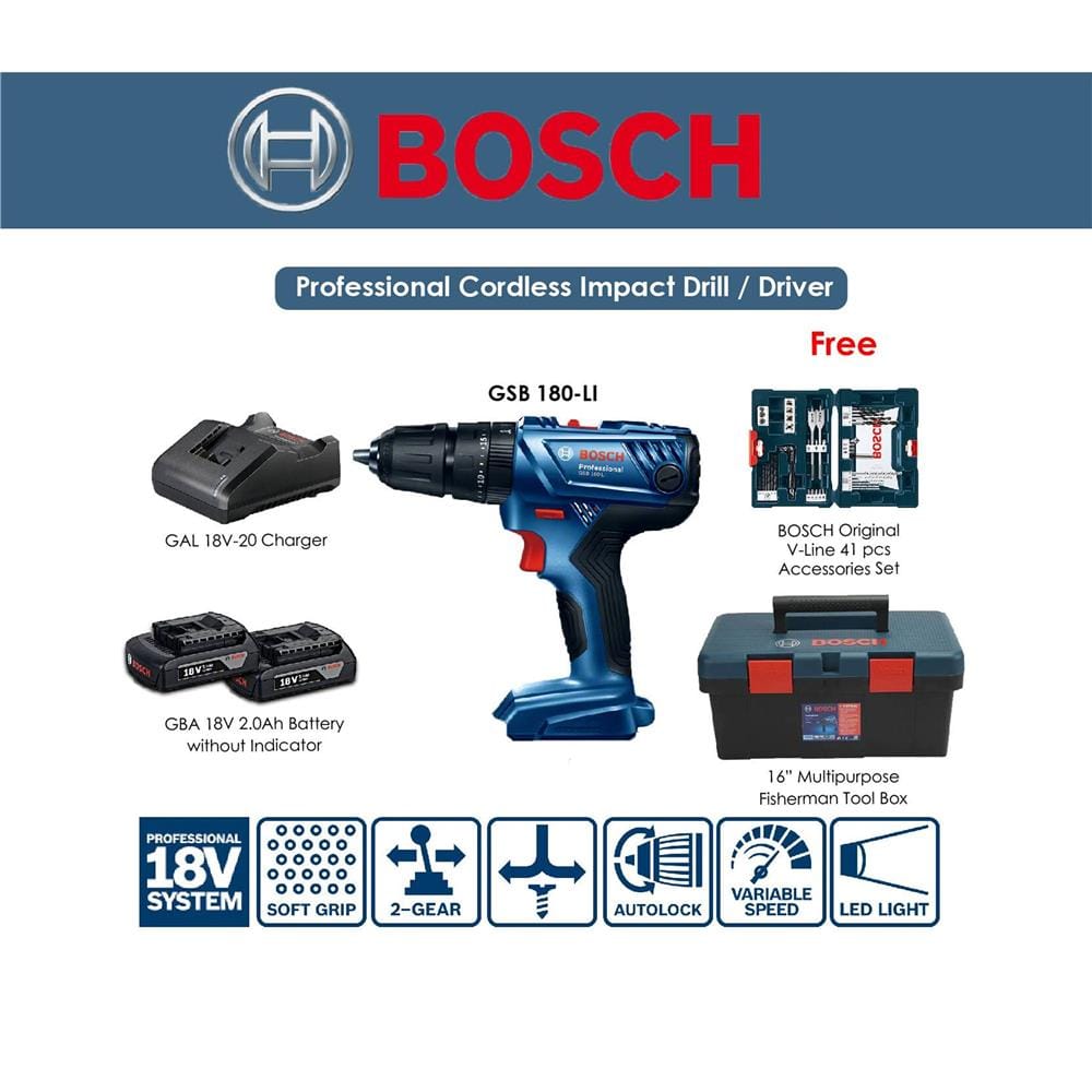 ชุดสว่านกระแทกไร้สายพร้อมอุปกรณ์ (พร้อมแบตเตอรี่) BOSCH GSB180-LI 18 โวลต์