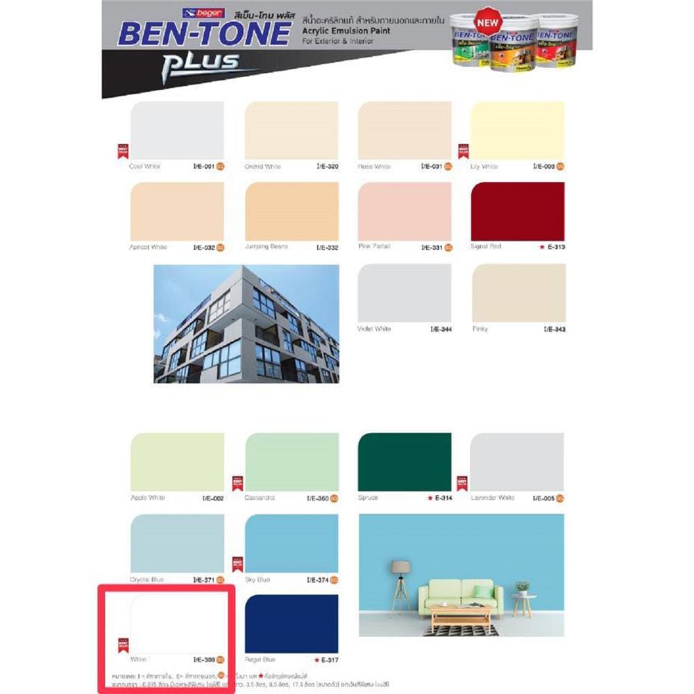 สีน้ำทาภายนอก BEGER BEN-TONE PLUS 300 สีขาว กึ่งเงา 5 แกลลอน