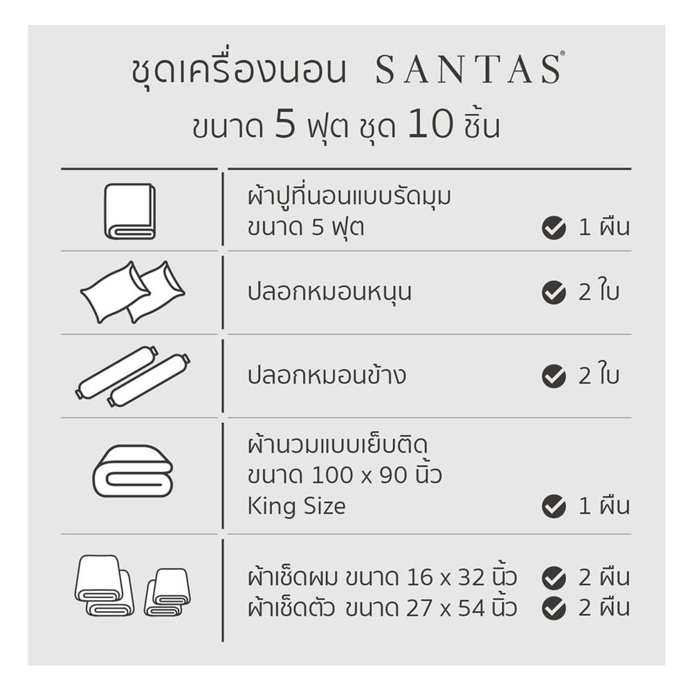 ชุดผ้าปูที่นอน 5 ฟุต 10 ชิ้น SANTAS GRITTY NA