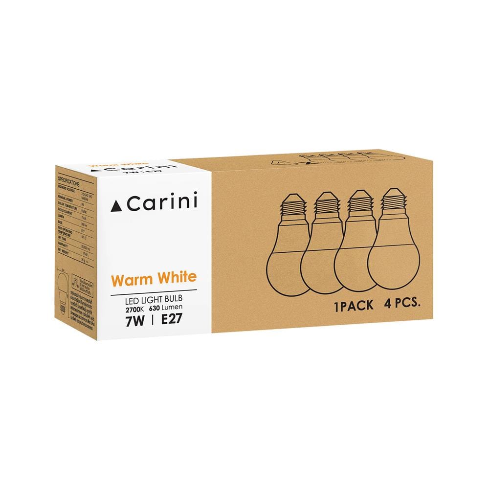 หลอด LED CARINI A60 ECOLIFE 7 วัตต์ WARM WHITE E27 แพ็ก 4 ชิ้น