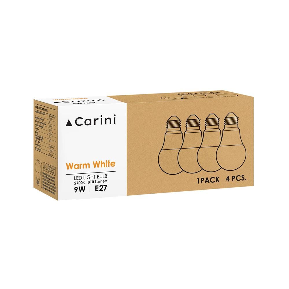 หลอด LED CARINI A60 ECOLIFE 9 วัตต์ WARM WHITE E27 แพ็ก 4 ชิ้น