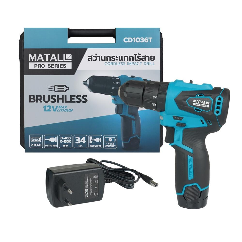 สว่านกระแทกไร้สาย (พร้อมแบตเตอรี่) MATALL PRO CD1036T BL 12 โวลต์_1