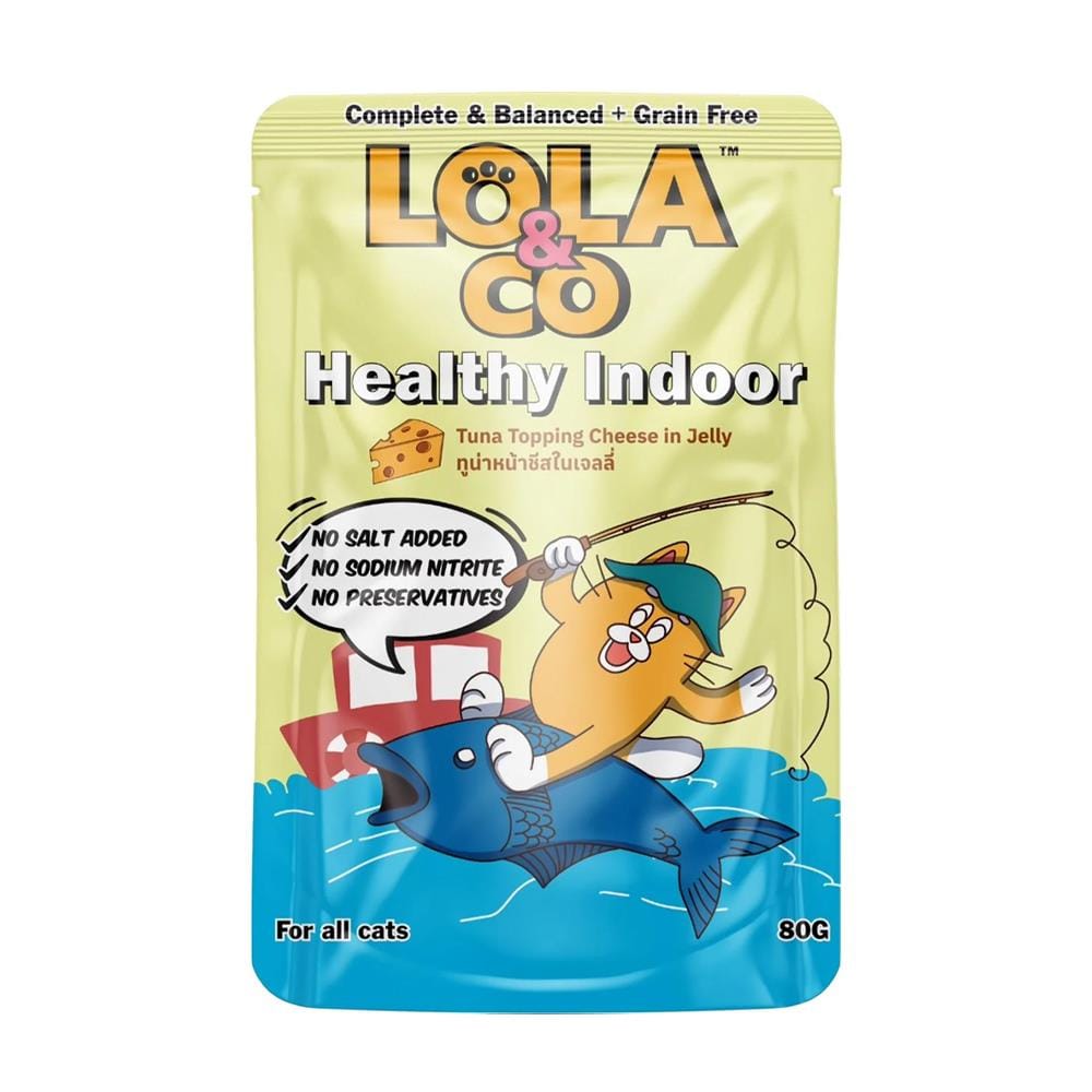 อาหารเปียกแมว LOLA&CO HEALTHY INDOOR TUNA TOPPING CHEESE IN JELLY 80 ก.