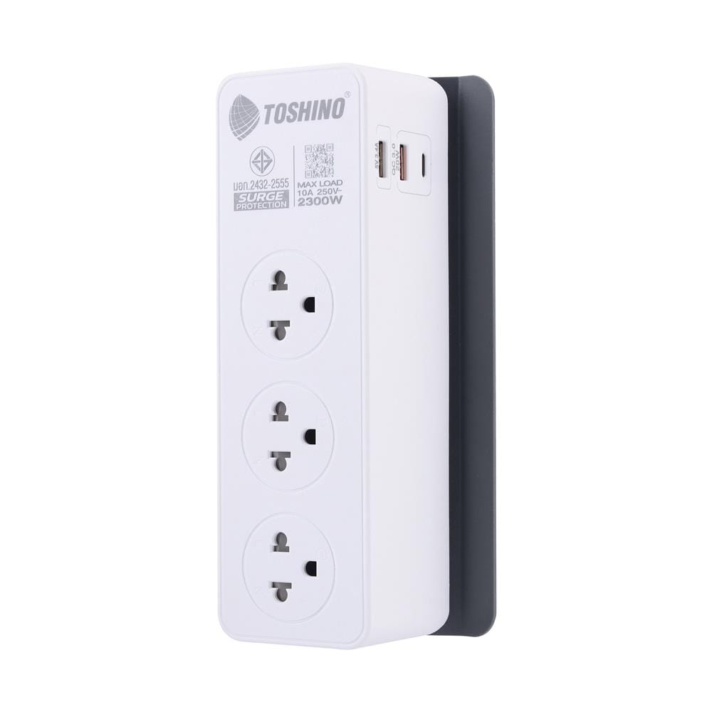 รางปลั๊กไฟ 3 ช่อง 1 สวิตซ์ PD20W+QC3.0+1USB 3.4A TOSHINO CW20PD 2 เมตร