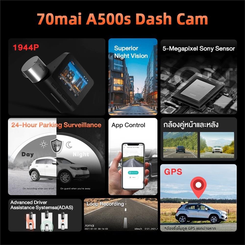 กล้องติดรถยนต์หน้าพร้อมกล้องหลัง 70MAI A500S-1 5 ล้านพิกเซล