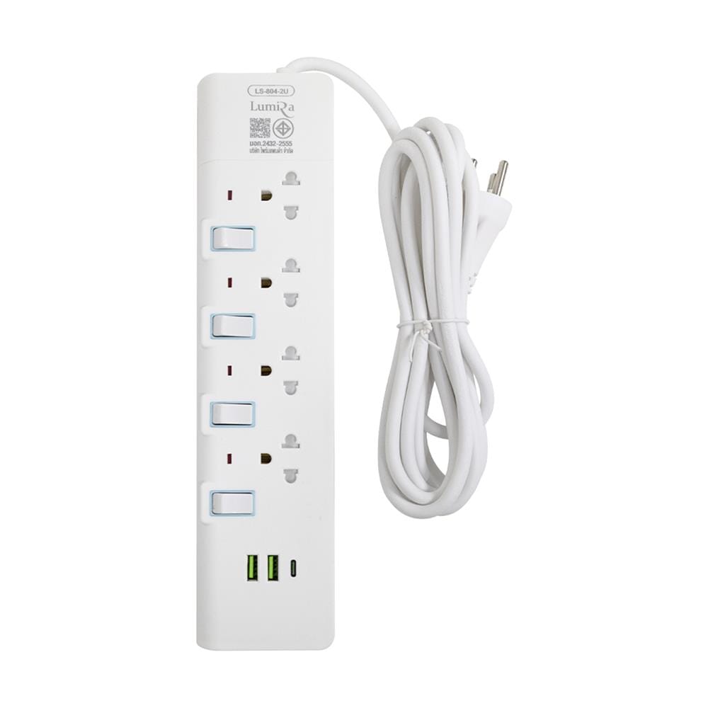 รางปลั๊กไฟ 4 ช่อง 4 สวิตช์ 2 USB 1 TYPE C LUMIRA LS-804-2U 3 ม.
