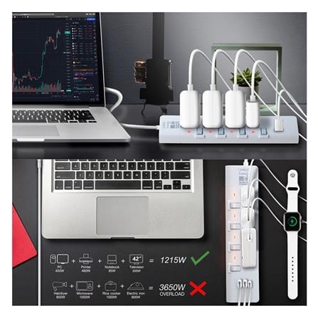 รางปลั๊กไฟ 4 ช่อง 4 สวิตช์ 2 USB 1 TYPE C LUMIRA LS-804-2U 3 ม._6