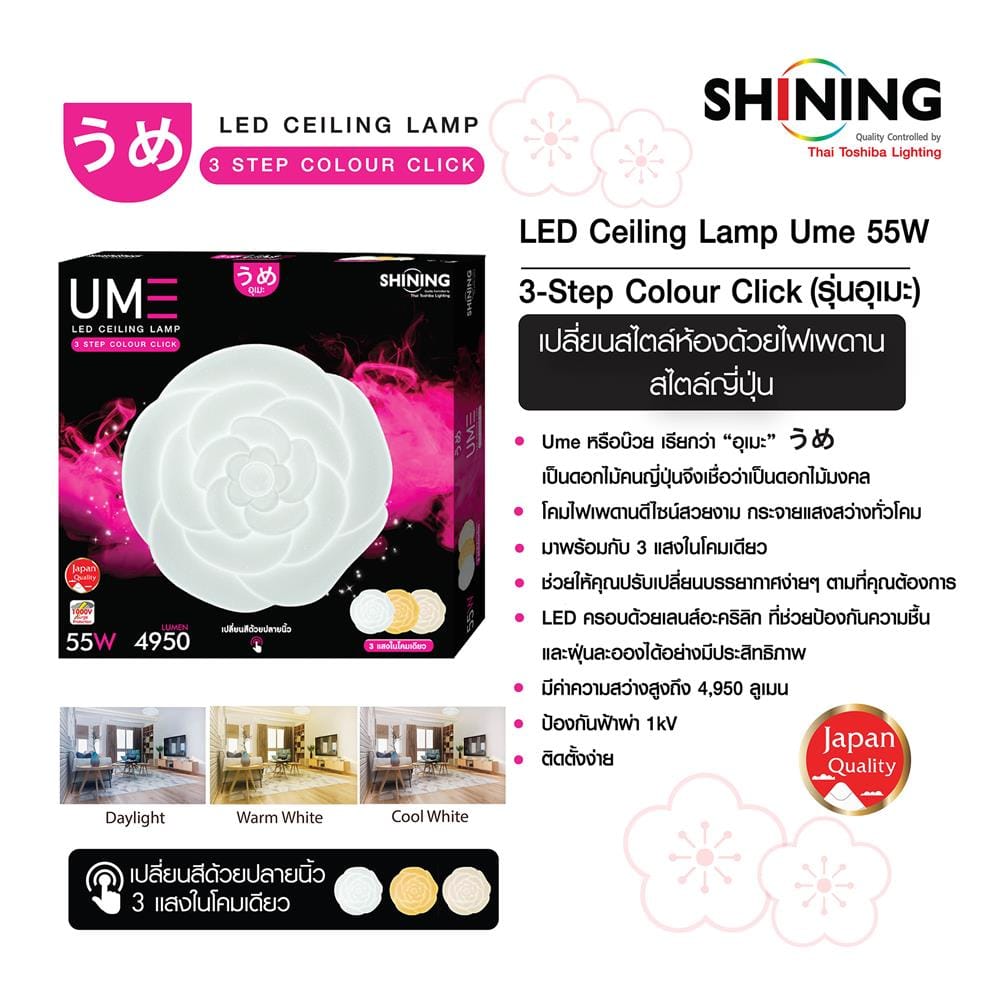 ไฟเพดาน LED SHINING S-CE05500C-1 19 นิ้ว 55 วัตต์ DAYLIGHT/COOL WHITE/WARM WHITE สีขาว