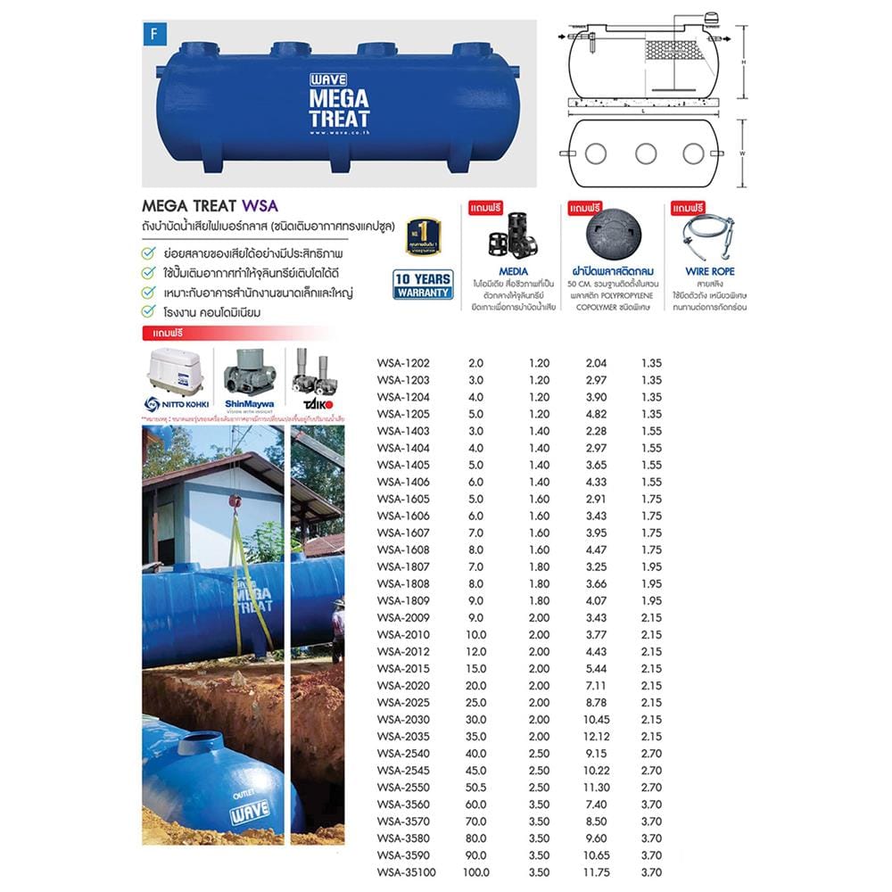 ถังบำบัดน้ำเสียไฟเบอร์กลาสชนิดเติมอากาศ ทรงแคปซูล WAVE WSA2030-30000 ลิตร สีน้ำเงิน