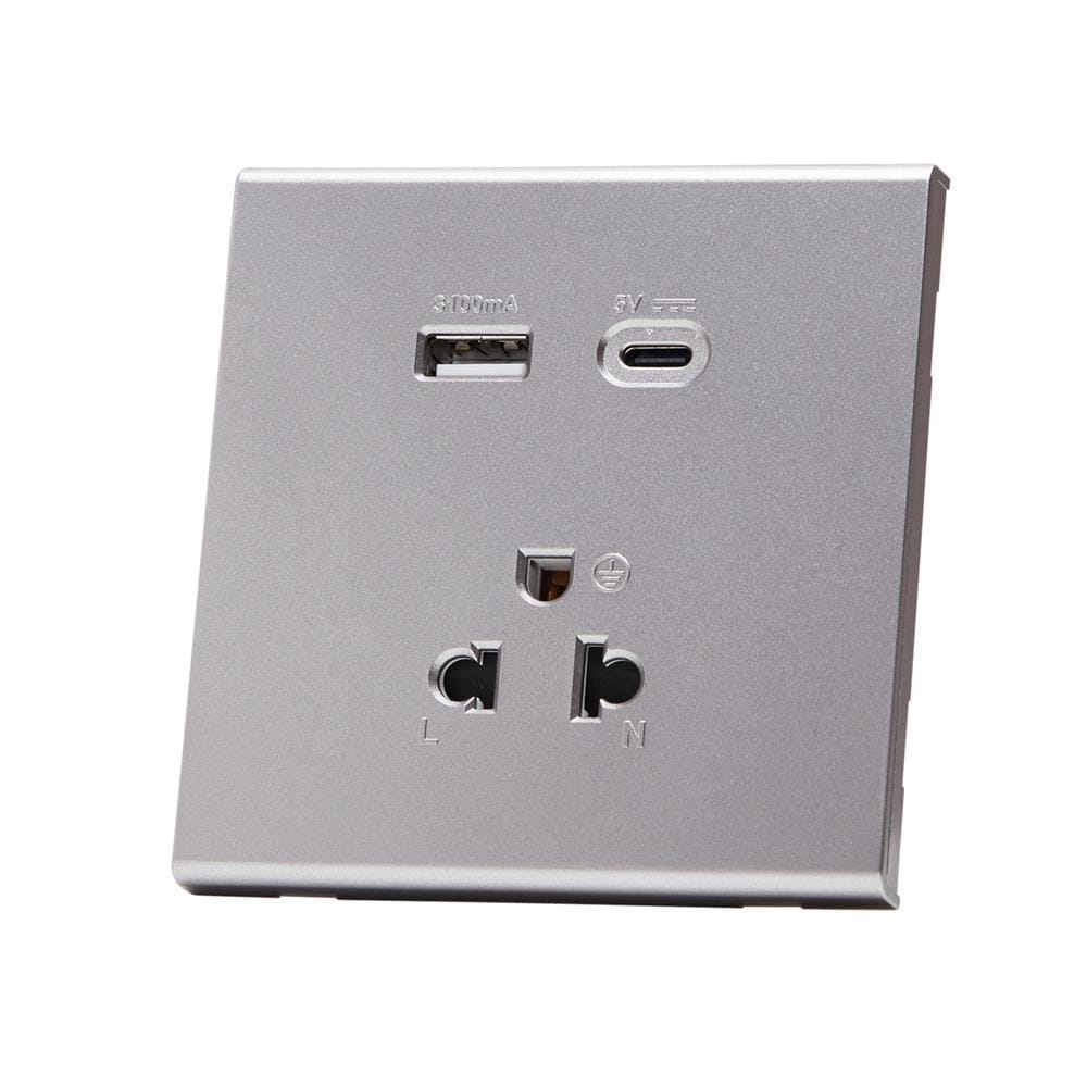 ชุดเต้ารับเดี่ยว 3 ขา พร้อม USB และ TYPE-C SAHN D10LUSBC-SL สีเงิน