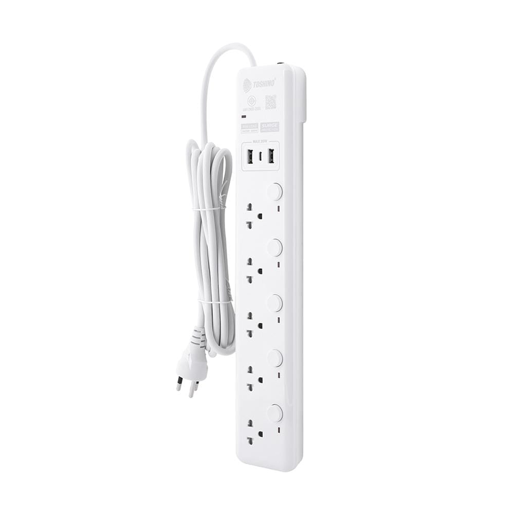 รางปลั๊กไฟ 5 ช่อง 5 สวิตช์ 2 USB 1 TYPE C TOSHINO WY-53 3 ม. สีขาว