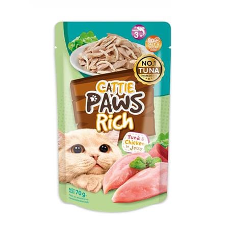 อาหารเปียกแมว CATTIE PAWS RICH TUNA CHICKEN IN JELLY 70 ก.