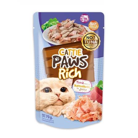 อาหารเปียกแมว CATTIE PAWS RICH TUNA KATSUO IN JELLY 70 ก.