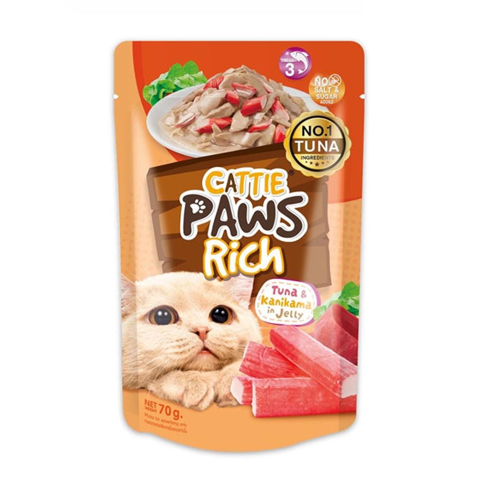 อาหารเปียกแมว CATTIE PAWS RICH TUNA KANIKAMA IN JELLY 70 ก.
