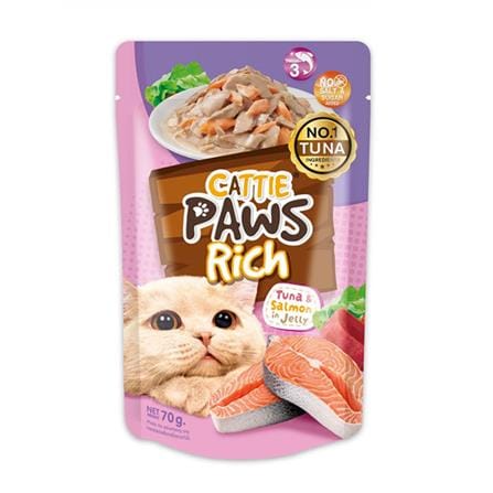 อาหารเปียกแมว CATTIE PAWS RICH TUNA SALMON IN JELLY 70 ก._0