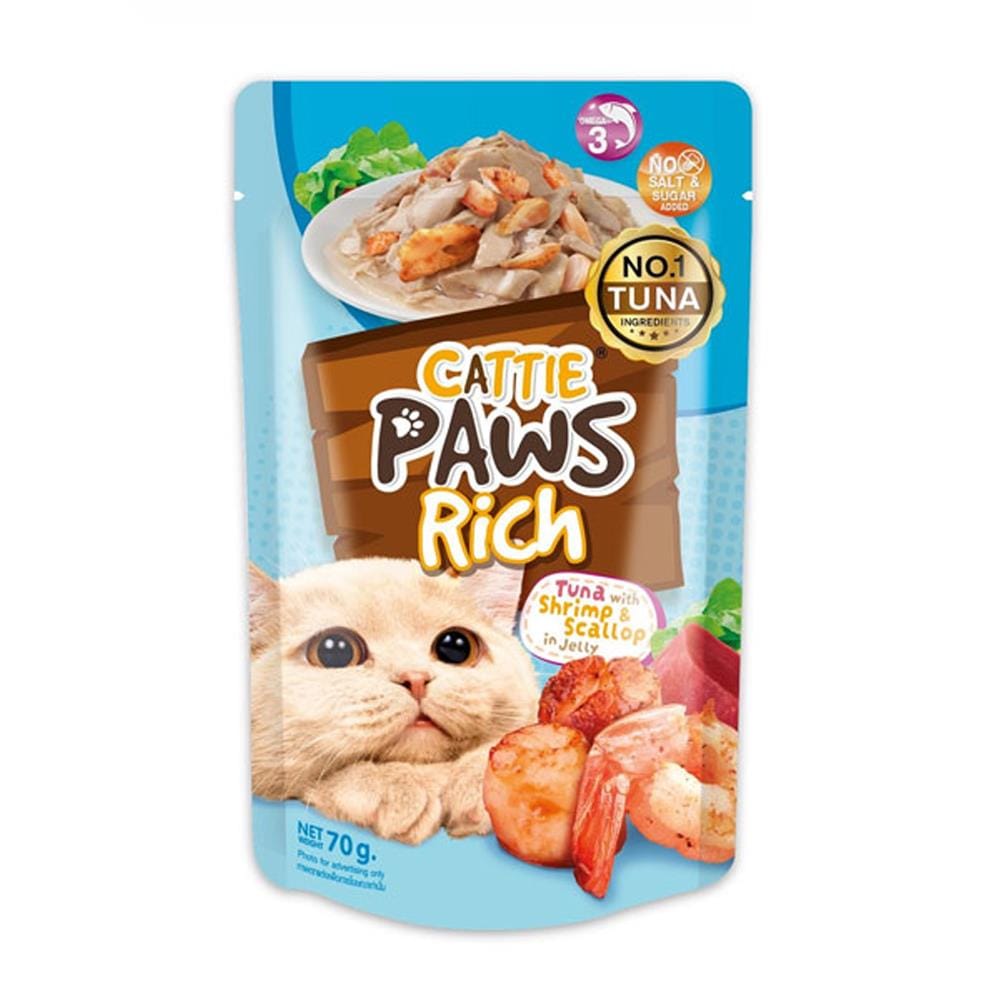 อาหารเปียกแมว CATTIE PAWS TUNA SHRIMP AND SCALLOP IN JELLY 70 ก.