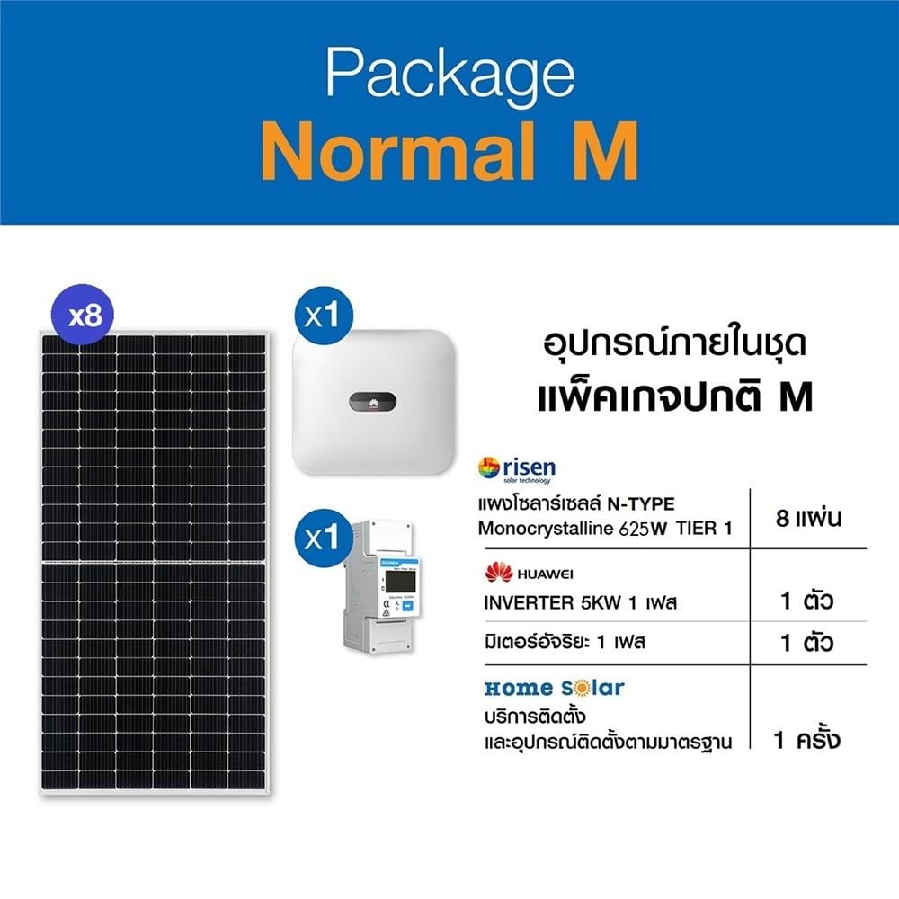 โซลาร์รูฟ 5 กิโลวัตต์ 1 เฟส ระบบออนกริด HOME SOLAR NORMAL PACKAGE M
