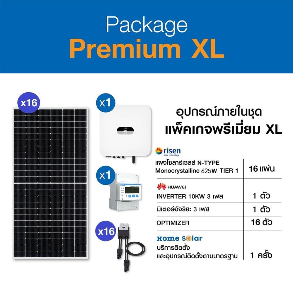 โซลาร์รูฟ 10 กิโลวัตต์ 3 เฟส ระบบออนกริด HOME SOLAR PREMIUM PACKAGE XL