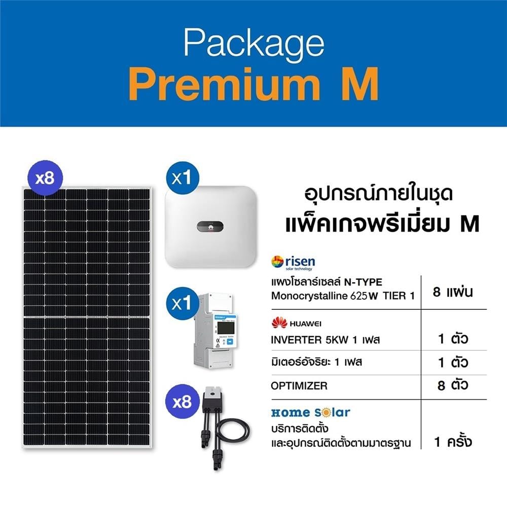 โซลาร์รูฟ 5 กิโลวัตต์ 1 เฟส ระบบออนกริด HOME SOLAR PREMIUM PACKAGE M