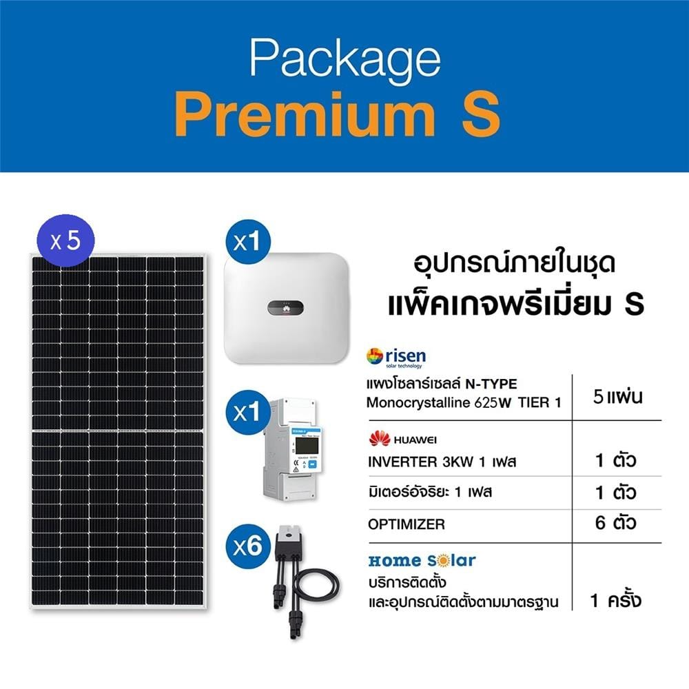 โซลาร์รูฟ 3 กิโลวัตต์ 1 เฟส ระบบออนกริด HOME SOLAR PREMIUM PACKAGE S