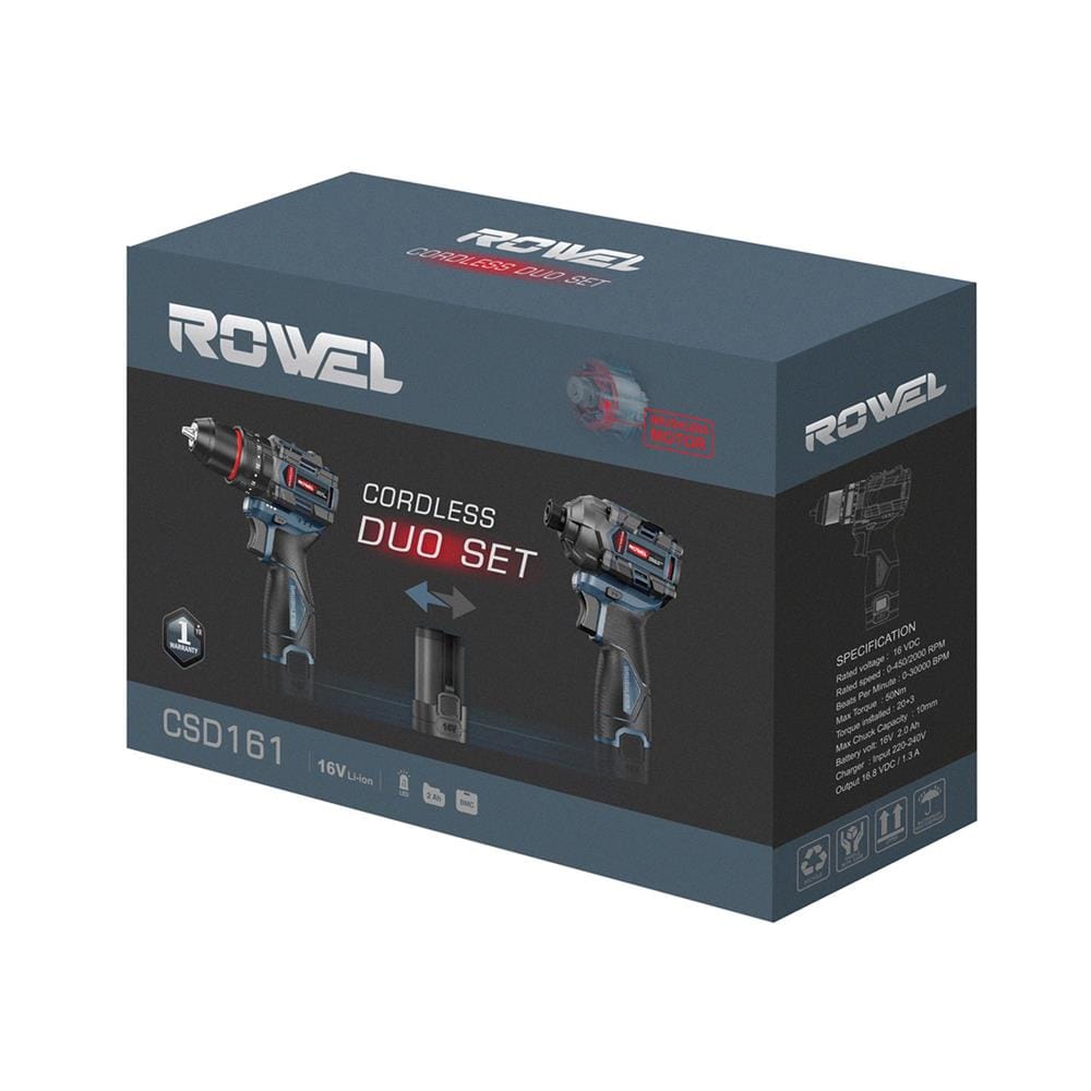 ชุดสว่านและไขควงกระแทกไร้สาย (พร้อมแบตเตอรี่) ROWEL RW-PT-CSD161 16 โวลต์