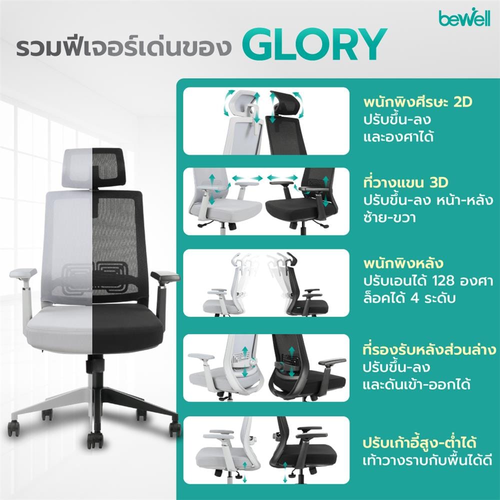 เก้าอี้สำนักงาน BEWELL G099191-GLORY-GY สีเทา
