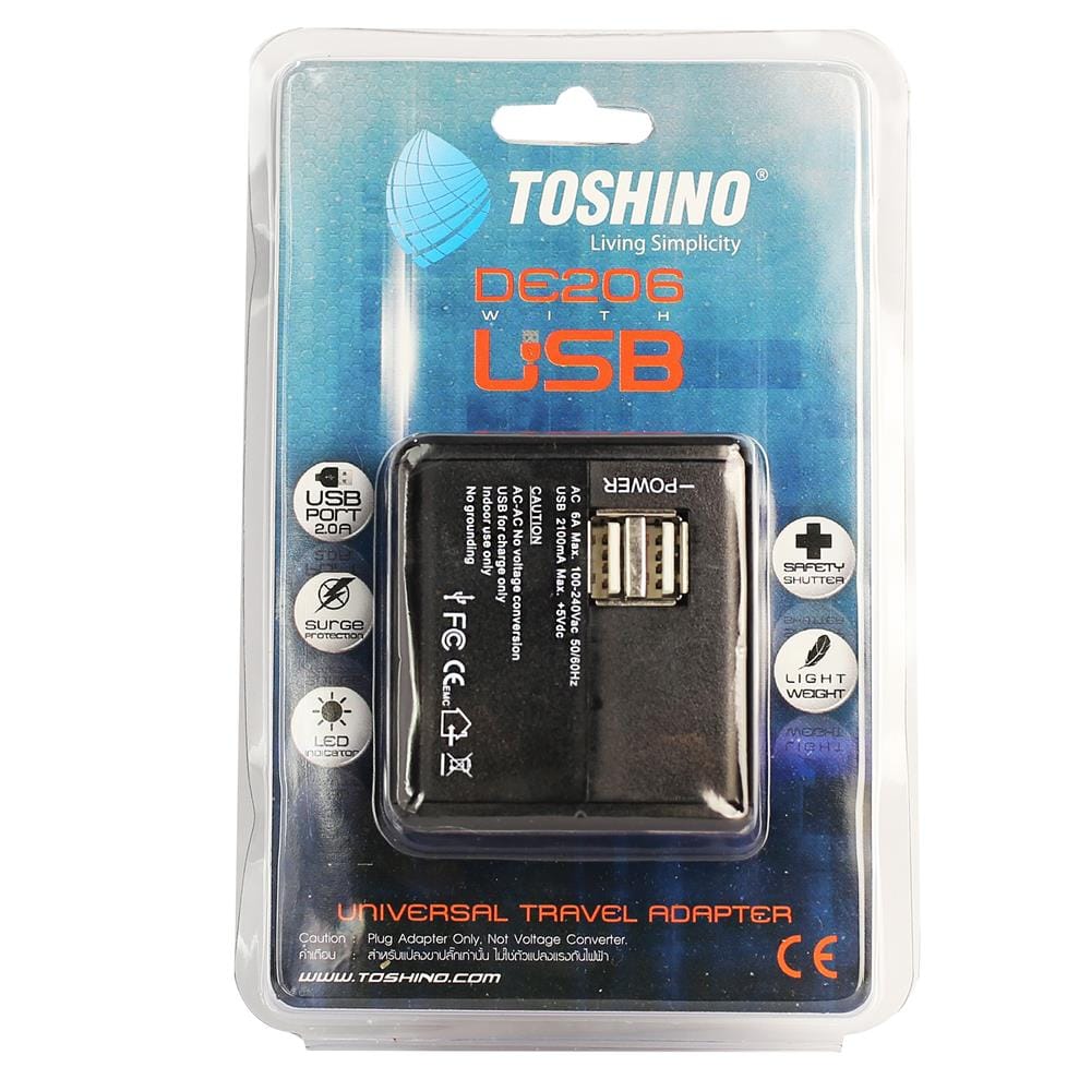 ปลั๊กแปลง 4 IN 1 UNIVERSAL 2 USB A TOSHINO DE206 สีขาว